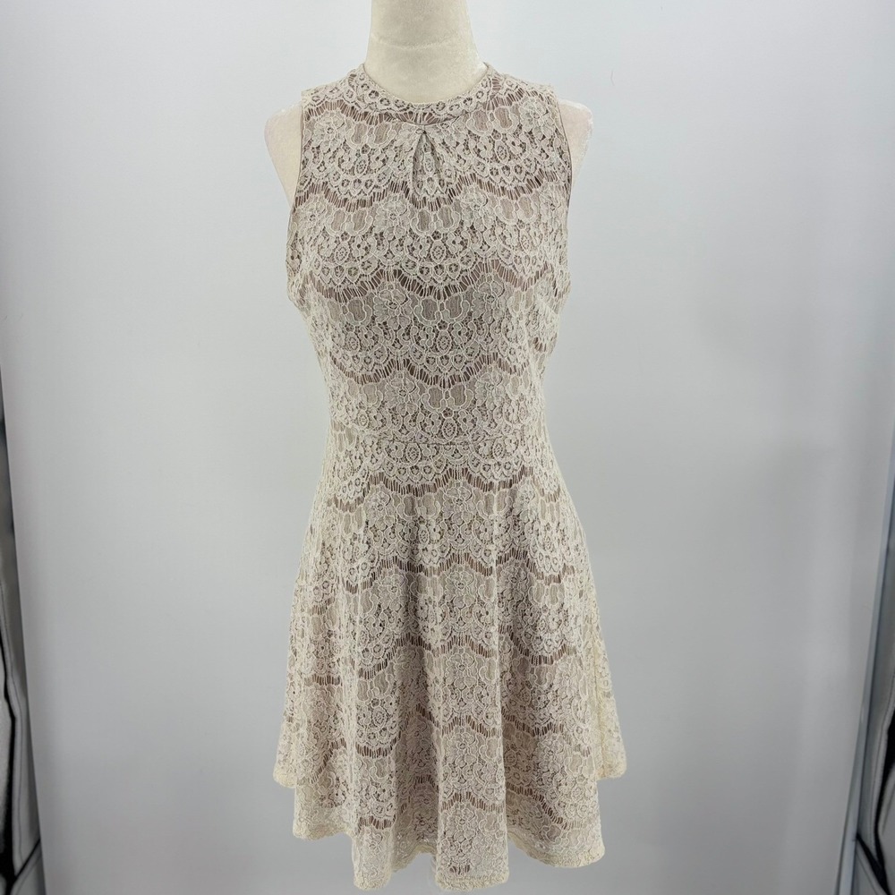 Cream Floral Lace Fit and Flare Dress Romantic Boho Bridal shower bid day Nude